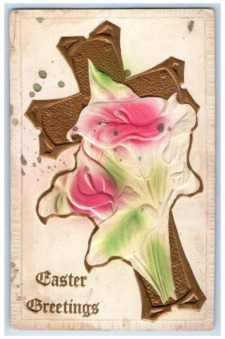 1912 Easter Greetings Gold Cross Flowers Embossed Posted Antique Postcard