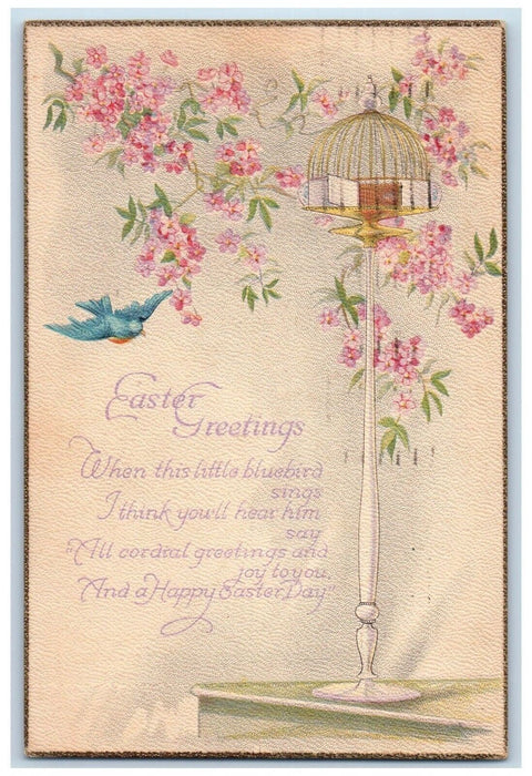 c1920's Easter Greetings Art Deco Bird Cage Pansies Flowers Antique Postcard