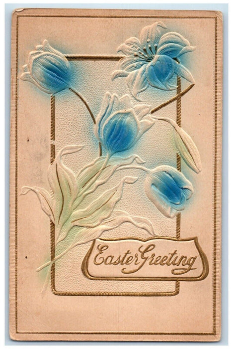 1911 Easter Greetings Lilies Flowers Airbrushed Embossed Antique Postcard