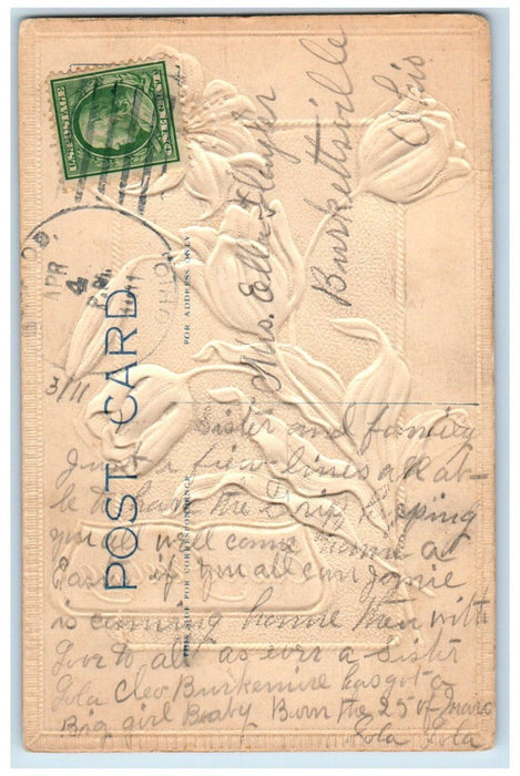1911 Easter Greetings Lilies Flowers Airbrushed Embossed Antique Postcard