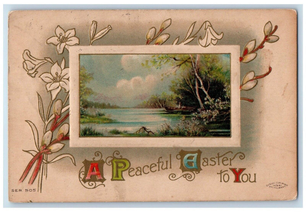 c1910's Easter Lilies Flowers River Boat View Embossed Posted Antique Postcard