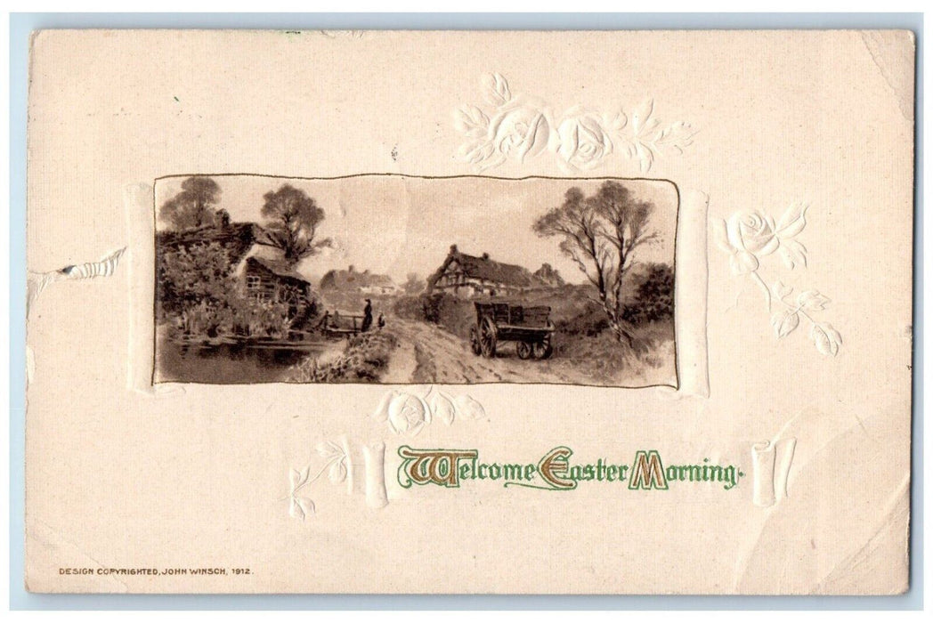 1911 Easter Morning Wagon River House Flowers John Winsch Artist Signed Postcard