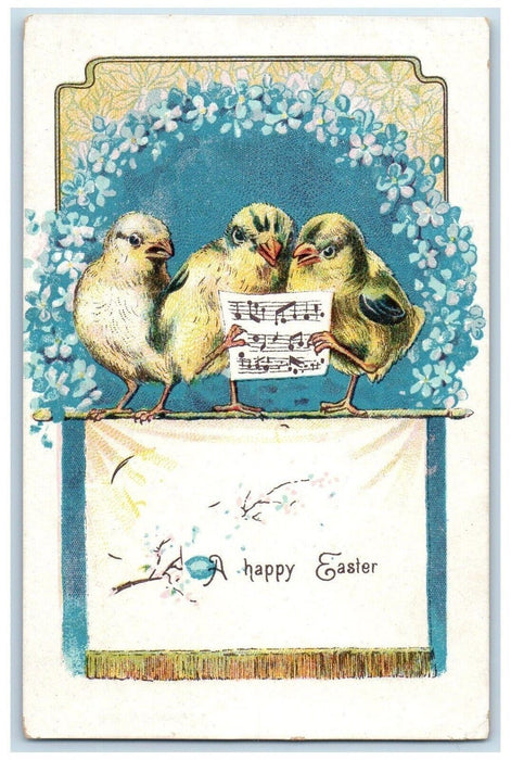 c1910's Happy Easter Singing Chicks Pansies Flowers Posted Antique Postcard