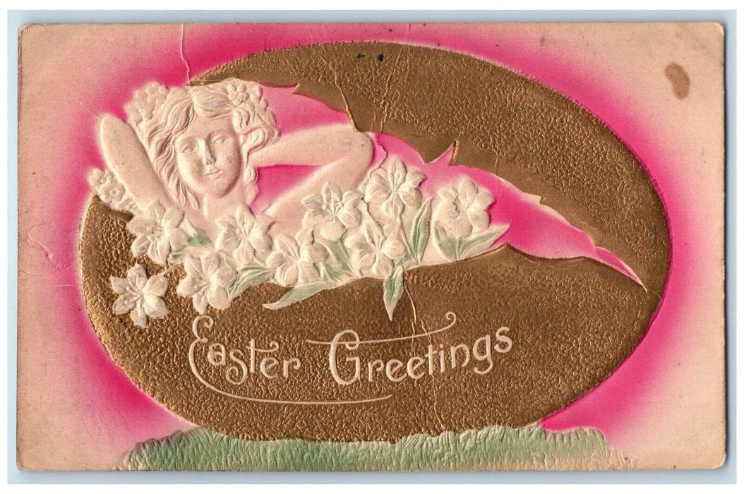 c1910's Easter Greetings Girl Head Lilies Flowers Giant Egg Airbrushed Postcard