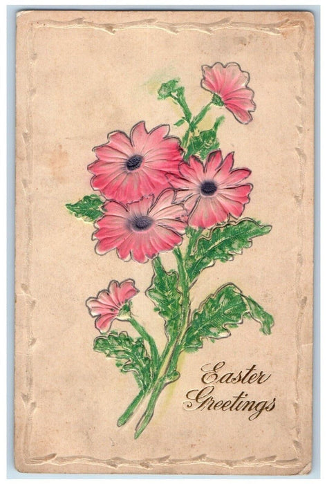 1910 Easter Greetings Pink Flowers Embossed Posted Antique Postcard