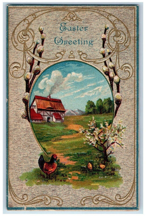 1909 Easter Greetings Egg Rooster Chicken Chicks Flowers Embossed Postcard