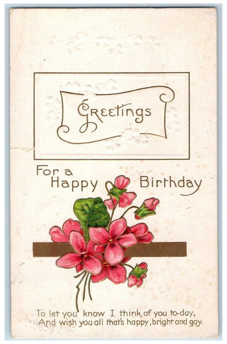 1921 Happy Birthday Greetings Pansies Flowers Embossed Posted Antique Postcard