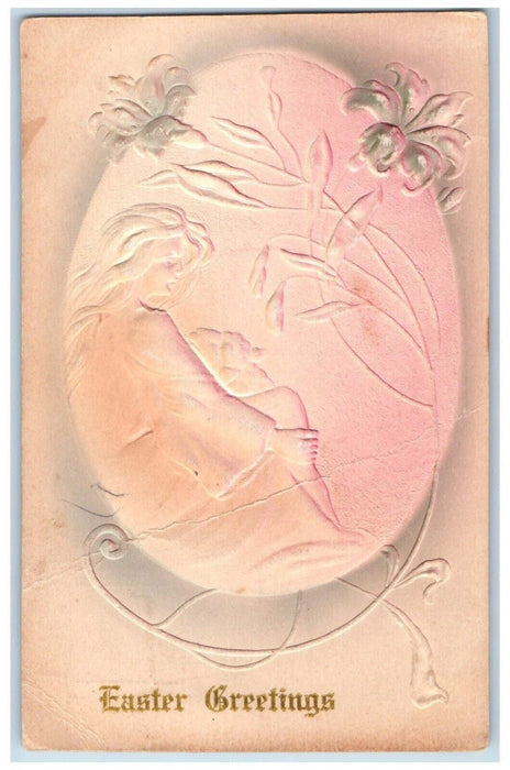 1911 Easter Greetings Egg Girl Lily Flowers Airbrushed Embossed Posted Postcard