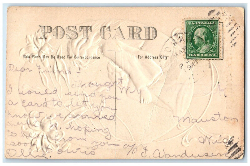 1911 Easter Greetings Egg Girl Lily Flowers Airbrushed Embossed Posted Postcard