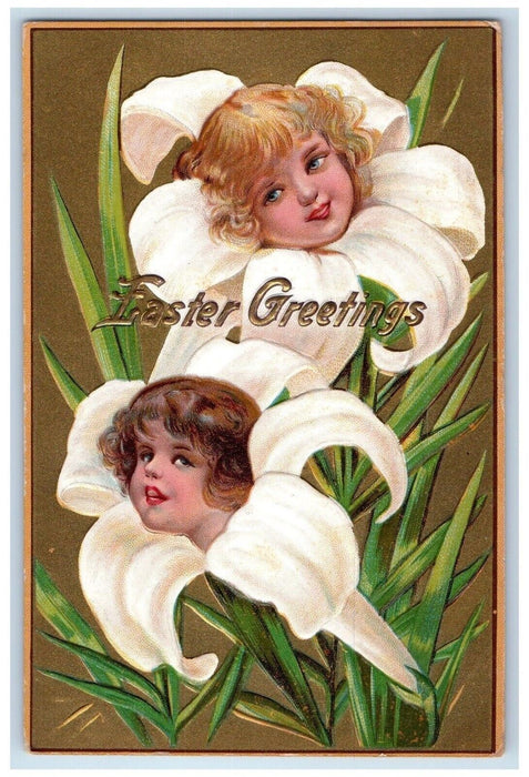 1909 Easter Greetings Lily Flowers Head Winsch Back Embossed Antique Postcard