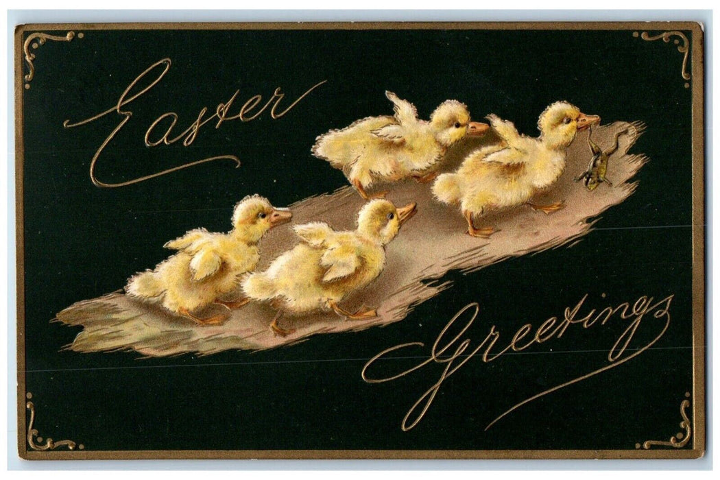 1909 Easter Greetings Chicks Bite Frog Embossed Posted Antique Postcard