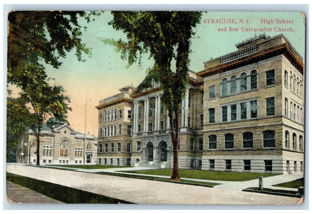 1913 High School and First Universalist Church Syracuse New York NY Postcard