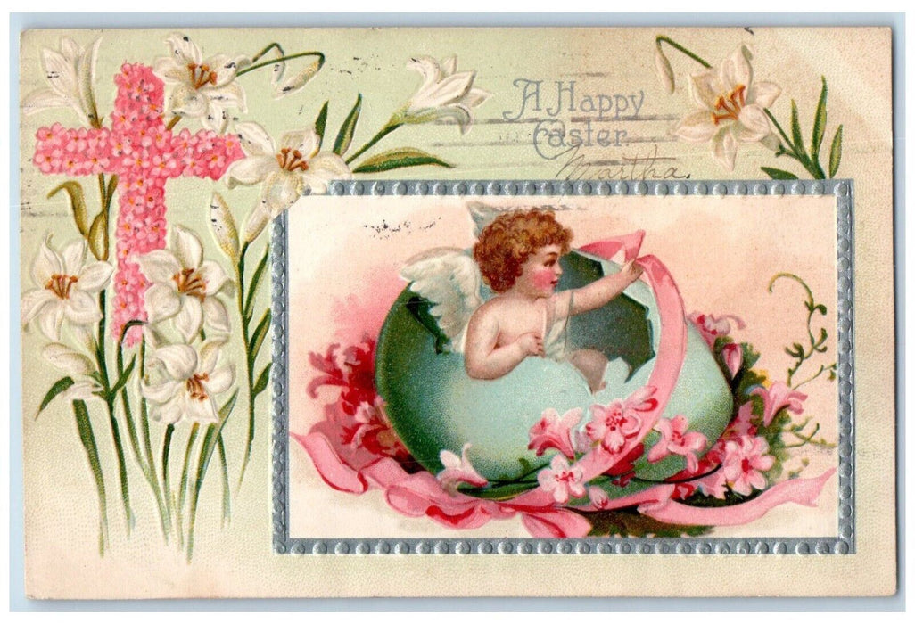 1909 Easter Cross Covered Pansies Flowers Angel In Hatched Egg Lilies Postcard