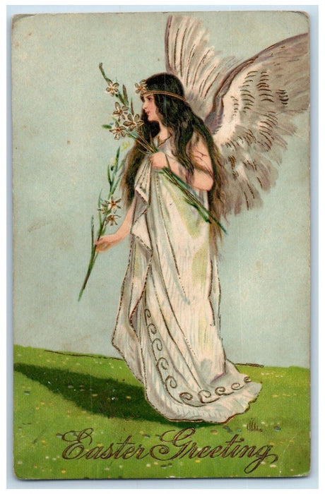 1909 Easter Greetings Angel Holding Flowers Low Moor Iowa IA Embossed Postcard