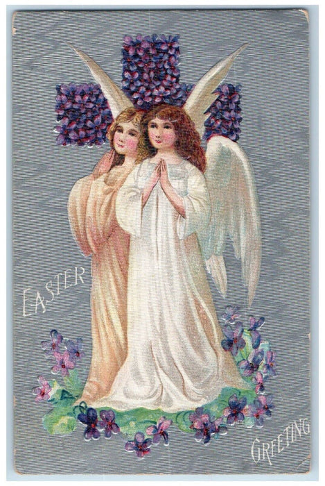 1909 Easter Greetings Holy Angels Cross Pansies Flowers Embossed Posted Postcard