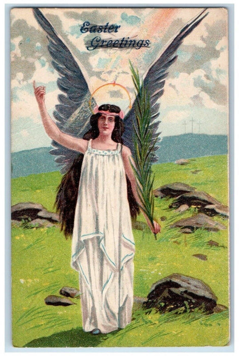 c1910's Easter Greetings Holy Angel Palm Leaf Embossed Posted Antique Postcard