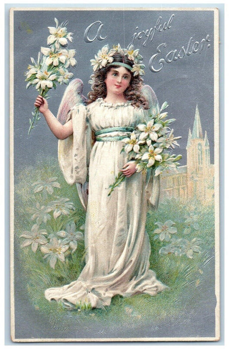 1909 Easter Church Pretty Angel Holding Lilies Flowers Embossed Posted Postcard