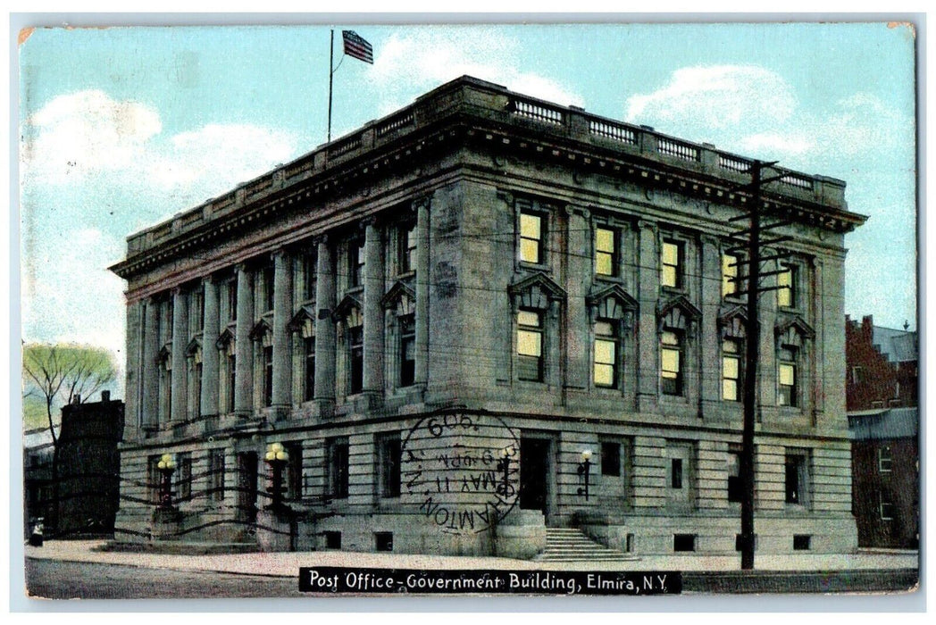 1909 Post Office Government Building Exterior Street Elmira New York NY Postcard