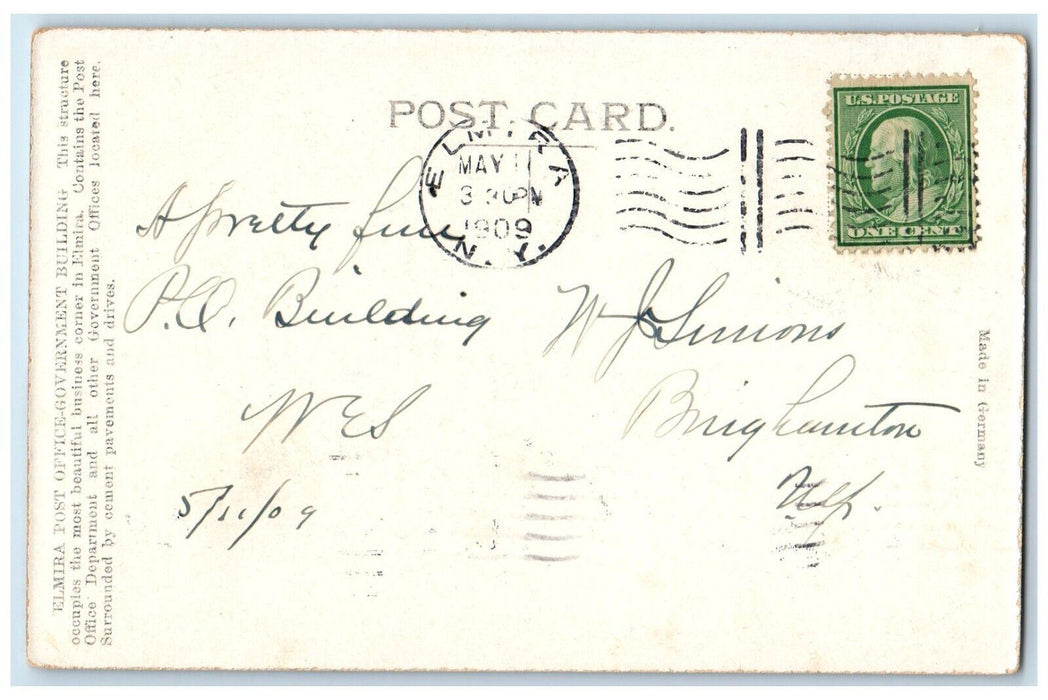 1909 Post Office Government Building Exterior Street Elmira New York NY Postcard