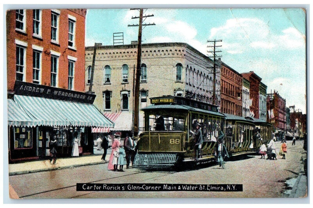 1910 Car Roricks Glen-Corner Streetcar Main Water St. Elmira New York Postcard