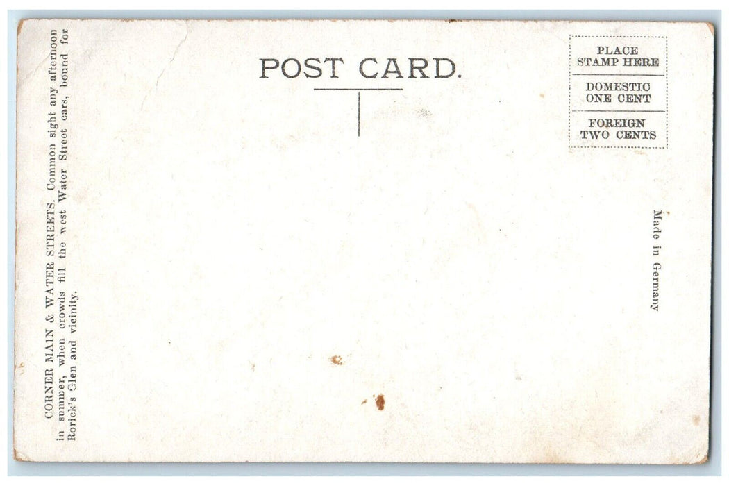 1910 Car Roricks Glen-Corner Streetcar Main Water St. Elmira New York Postcard