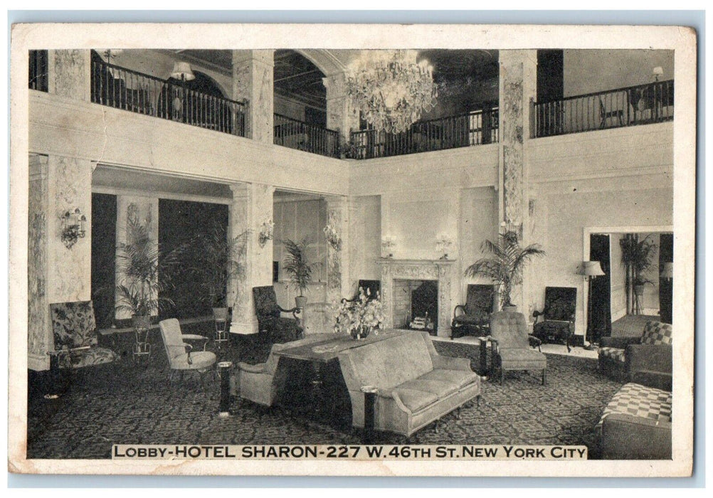 Lobby Hotel Sharon Interior Candelier Scene New York City New York NY Postcard