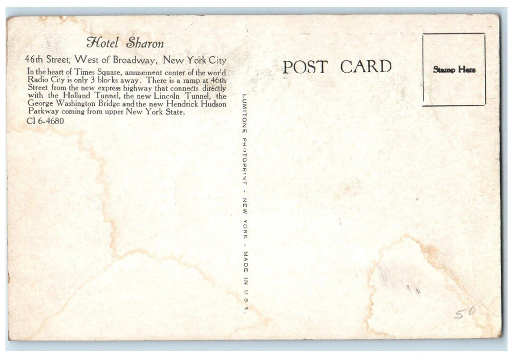 Lobby Hotel Sharon Interior Candelier Scene New York City New York NY Postcard