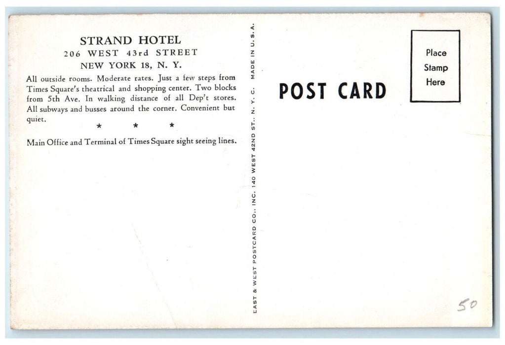 Strand Hotel Time Square Sight Seeing New York City New York NY Postcard