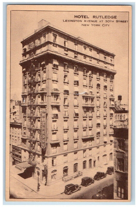 Hotel Rutledge Building Exterior Car Scene New York City New York NY Postcard