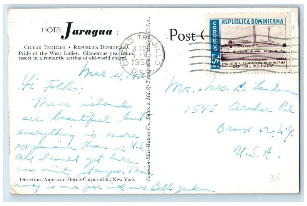 1956 Hotel Jaragua Ciudad Trujillo Caribbean Sea Republica Dominicana Postcard