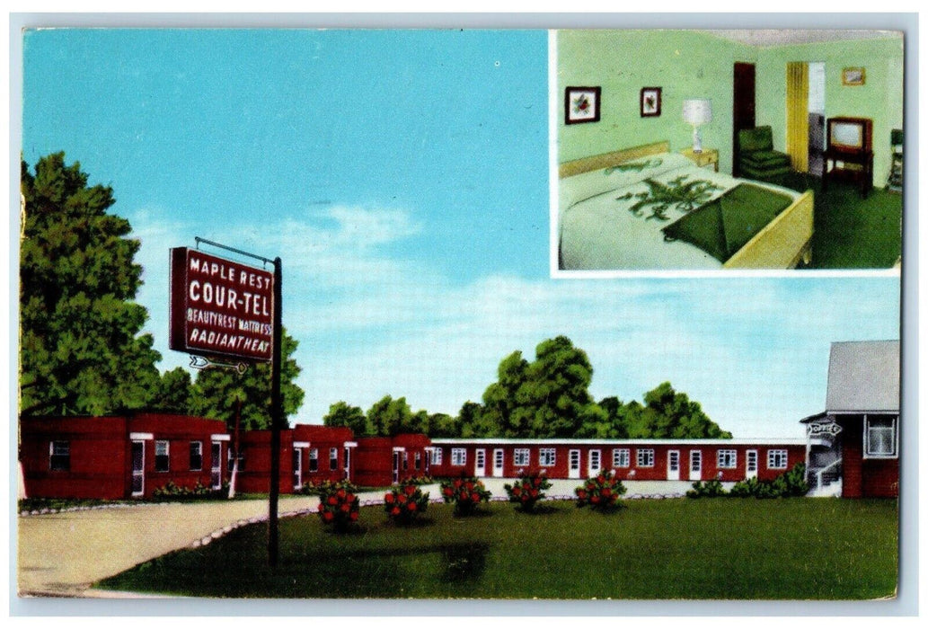 1956 Maple Rest Cour-tel  Beautyrest Mattresses Canton OH, Miami FL Postcard