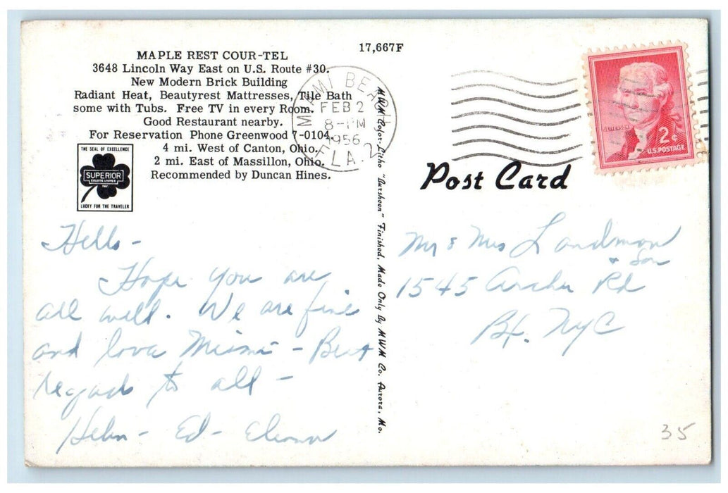 1956 Maple Rest Cour-tel  Beautyrest Mattresses Canton OH, Miami FL Postcard