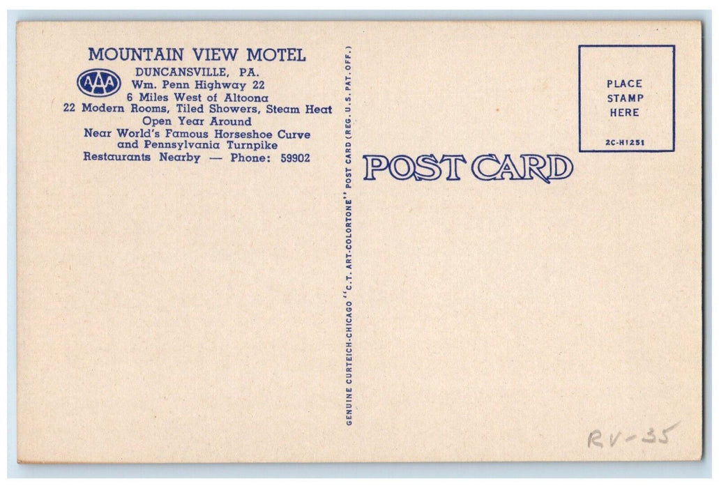 View Of Mountain View Motel Duncansville Pennsylvania PA Vintage Postcard