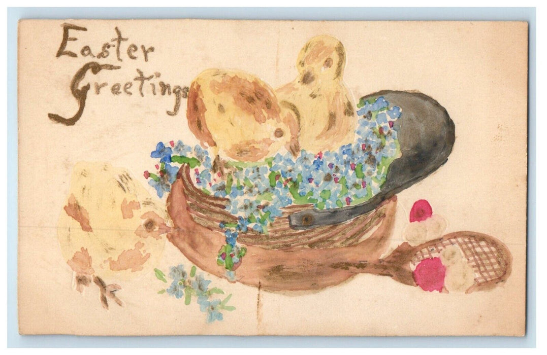 c1910 Hand Painted Art Easter Greetings Chics Racket Hat Postal Card Postcard
