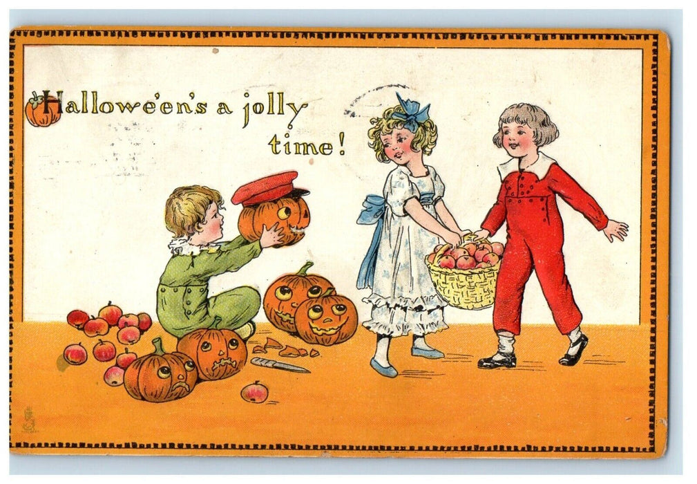 1914 Halloween Jolly Time! Tuck JOL Children Girl Dress Apples Embossed Postcard