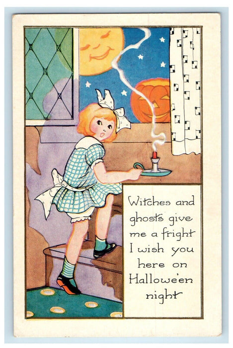 1922 Halloween Girl Dress Candle JOL Anthropomorphic Moon Whitney Made Postcard