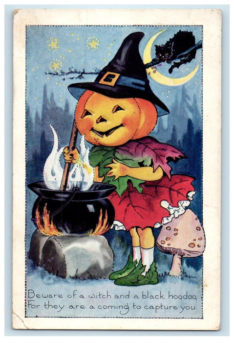 1921 Halloween Witch's Cauldron Mushroom Black Cat Hat Whitney Made Postcard