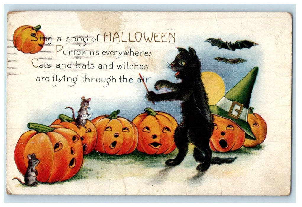 1921 Halloween Anthropomorphic Black Cat JOL Mice Singing Bats Whitney Postcard