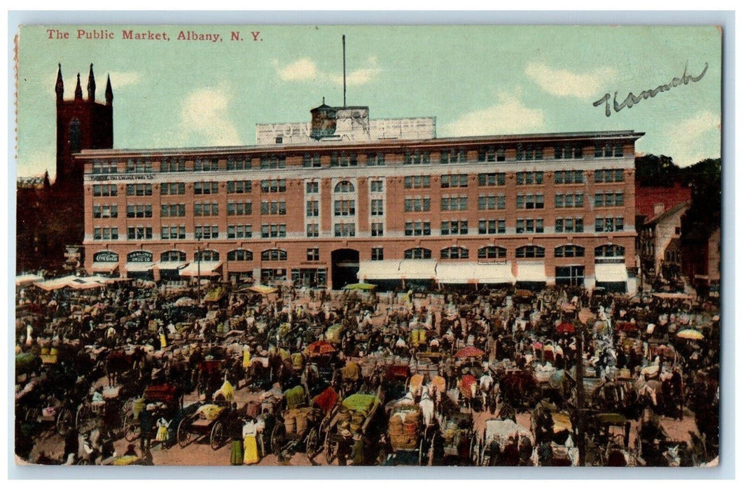 1911 The Public Market Vendors Horse-Drawn Vehicles Albany New York NY Postcard