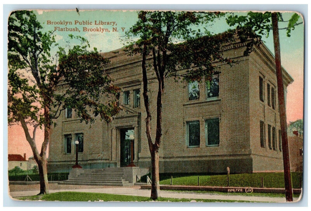 1913 View Of Brooklyn Public Library Flatbush New York NY Antique Postcard
