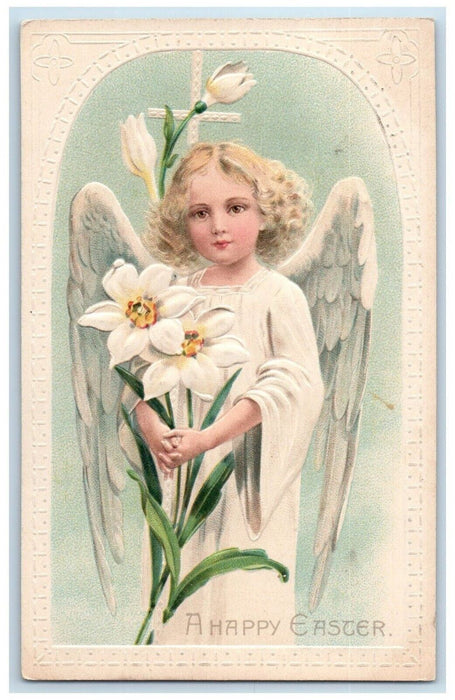 c1910's Easter Holy Cross Angel Lilies Flowers Embossed Posted Antique Postcard