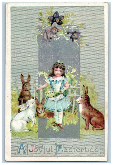 c1910's Easter Girl Feed Bunny Rabbits Flowers Unposted Antique Postcard