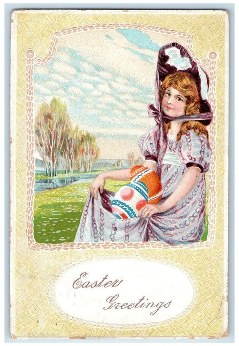 1910 Easter Greetings Pretty Girl Eggs San Francisco California CA Postcard