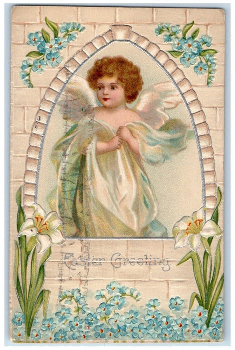 1909 Easter Greetings Angel Lilies Pansies Flowers Embossed Chicago IL Postcard