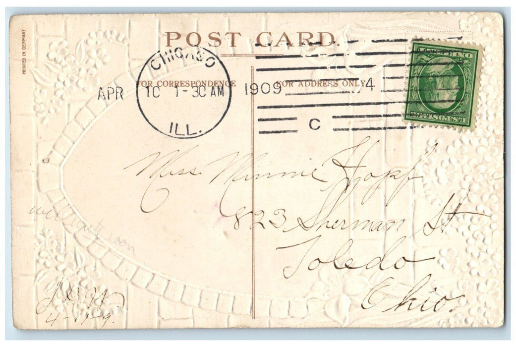 1909 Easter Greetings Angel Lilies Pansies Flowers Embossed Chicago IL Postcard