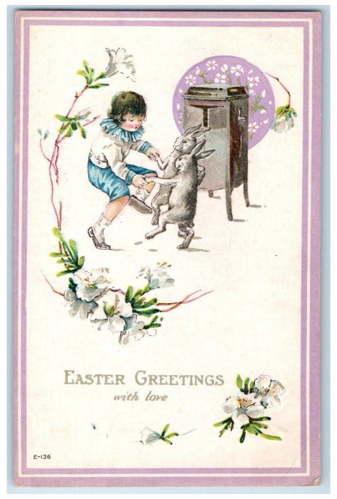 c1910's Easter Greetings With Love Boy Rabbit Dancing Lilies Flowers Postcard