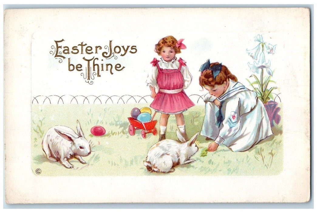c1910's Easter Girls Feed Bunny Rabbit Egg Cart Lilies Flowers Embossed Postcard