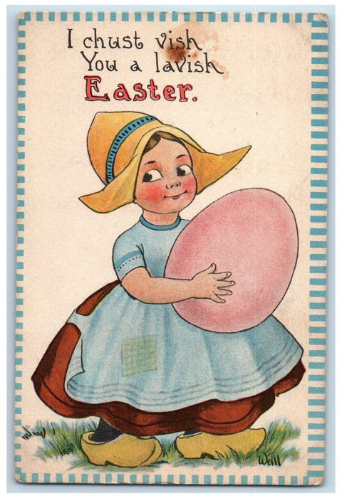 1914 Easter Dutch Girls Holding Giant Egg Omer Michigan MI Antique Postcard