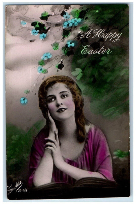 c1930's Easter Pretty Girl Pansies Flowers Studio Portrait Antique Gel Postcard