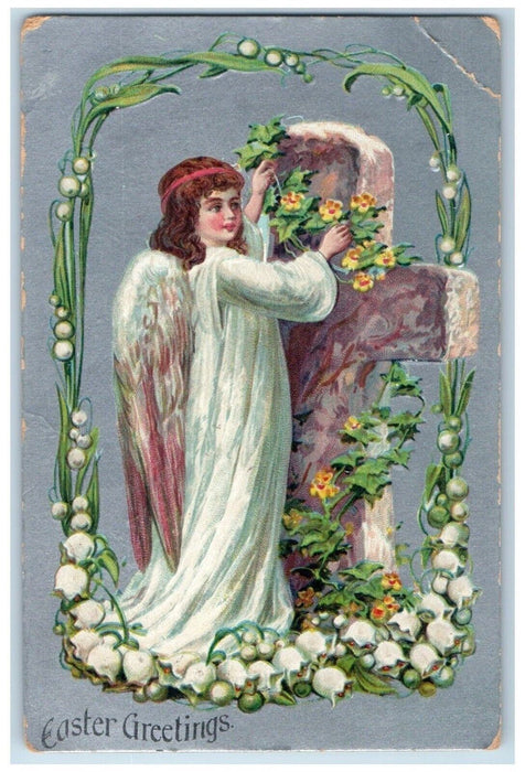 c1910's Easter Greetings Angel Decorating Cross White Flowers Embossed Postcard